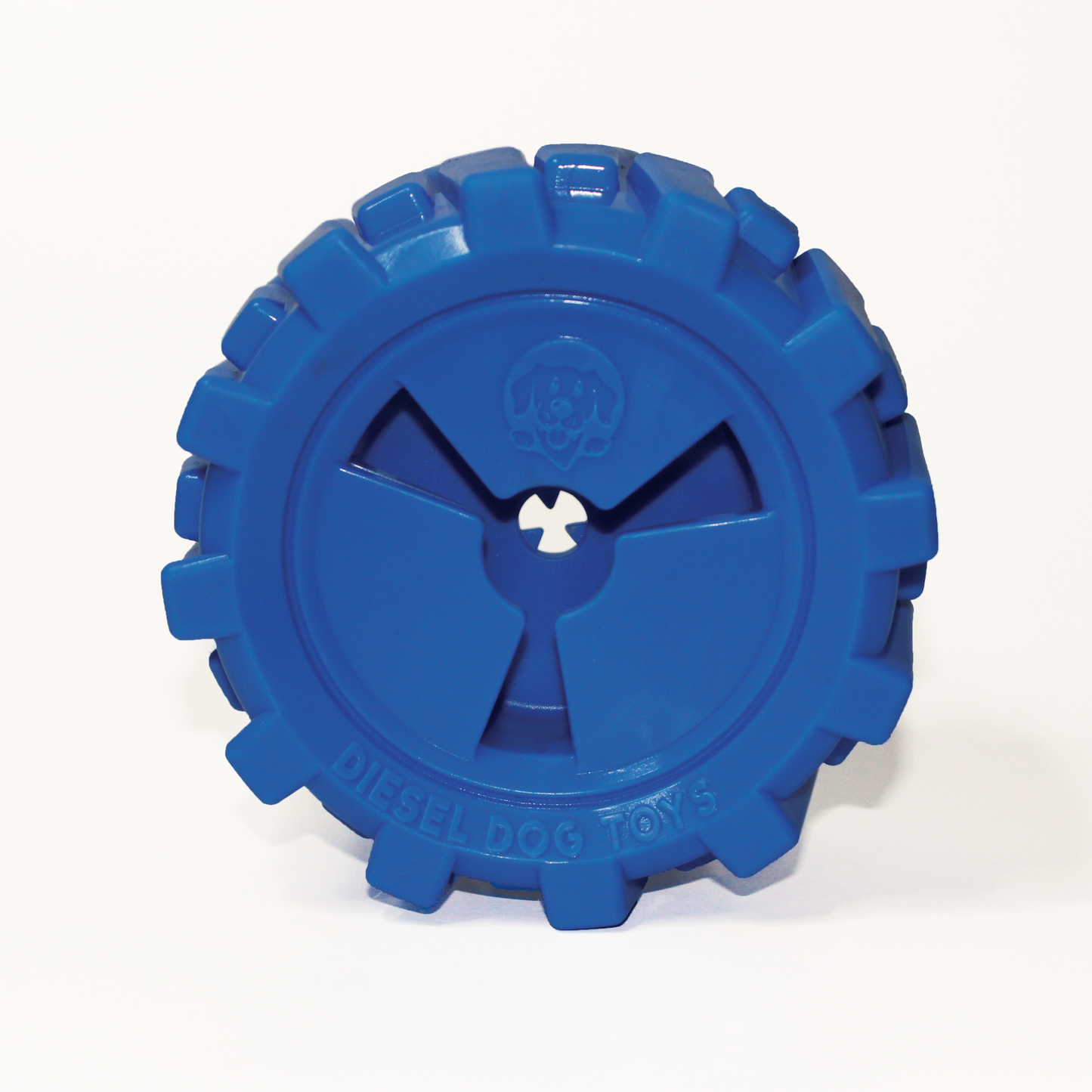 5.25 x 2" solid blue rubber tire with treat dispenser, frozen food cup, and chew stick holder