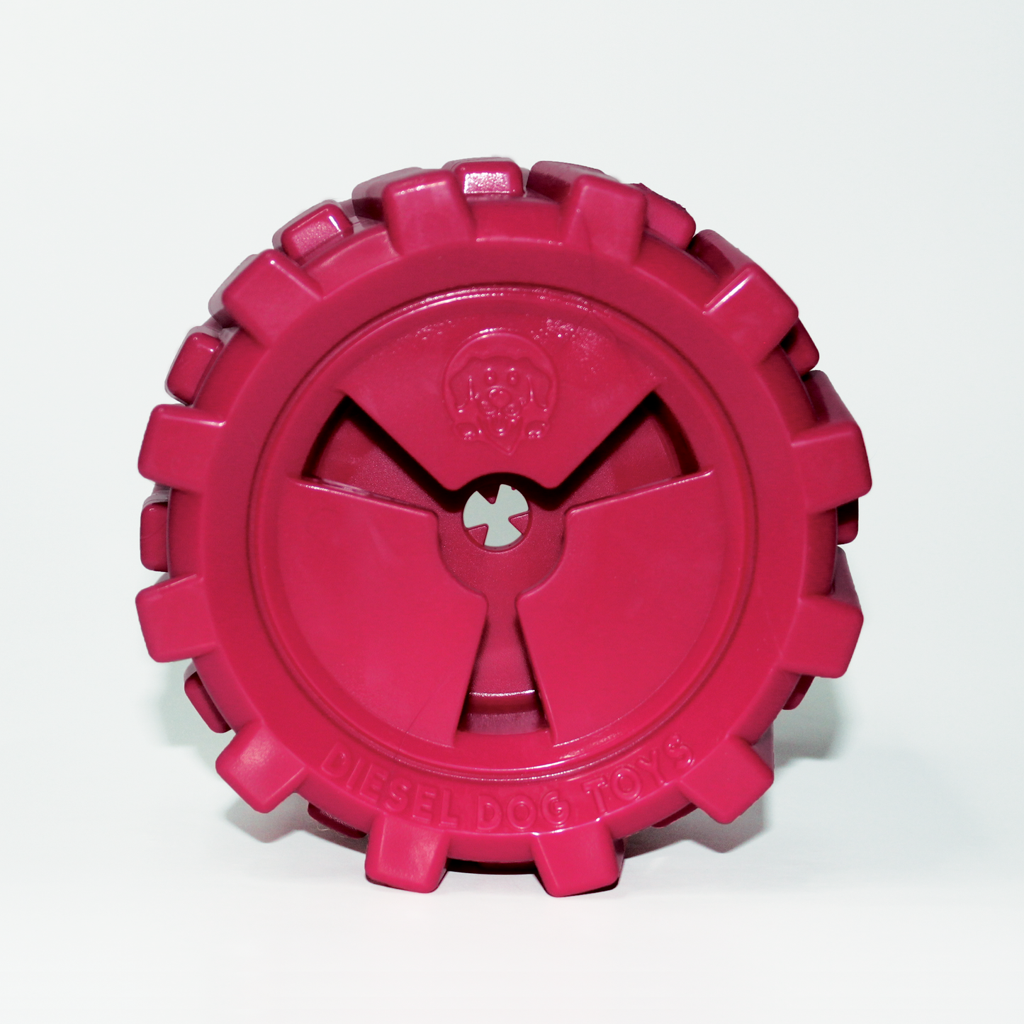 5.25 x 2" solid red rubber tire with treat dispenser, frozen food cup, and chew stick holder