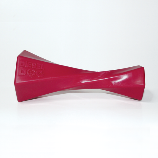 7" red rubber twisted bone for fetch and tug